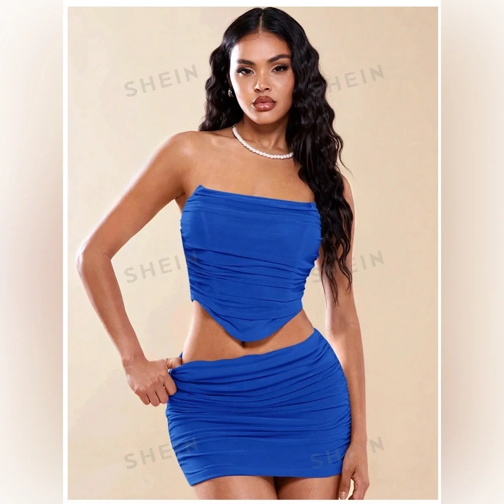 SHEIN ruched mesh tube top and bodycon skirt** set in royal blue size small - Picture 1 of 4